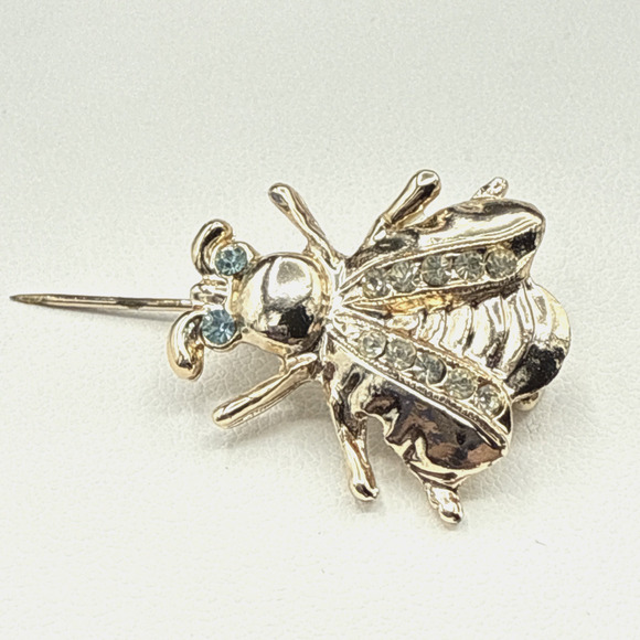 Vintage Brooch Honey Bee Gold Tone Blue Rhinestone Eyes Pin - Picture 4 of 6